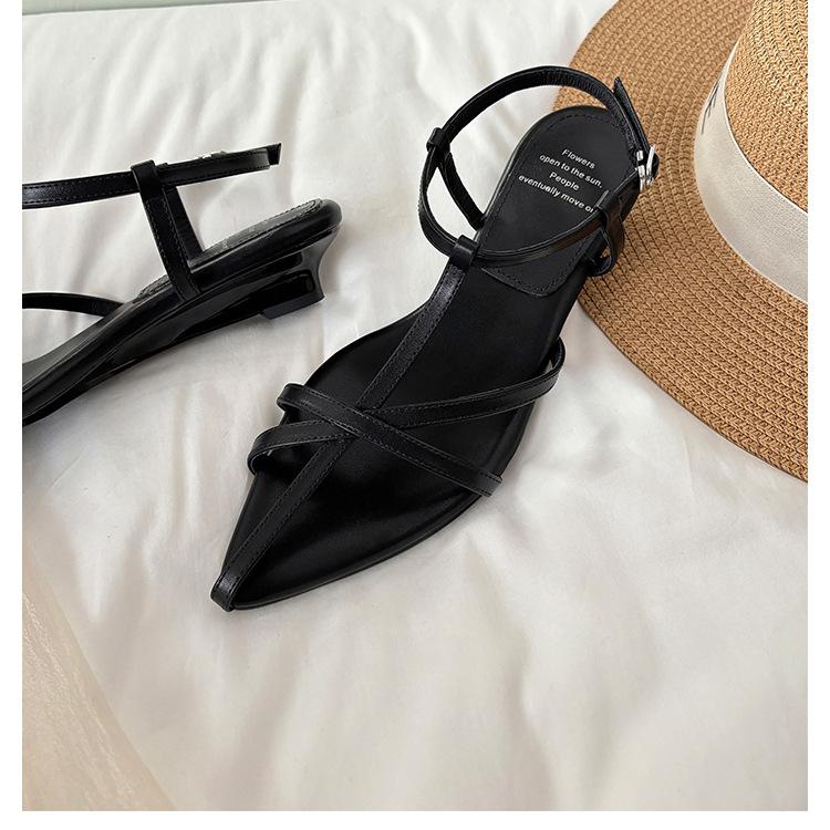 Sheepskin Version~ Retro Leather Cross Strap Roman Sandals Women's Summer Wear French Small Wedge Heel Pointed Sandals