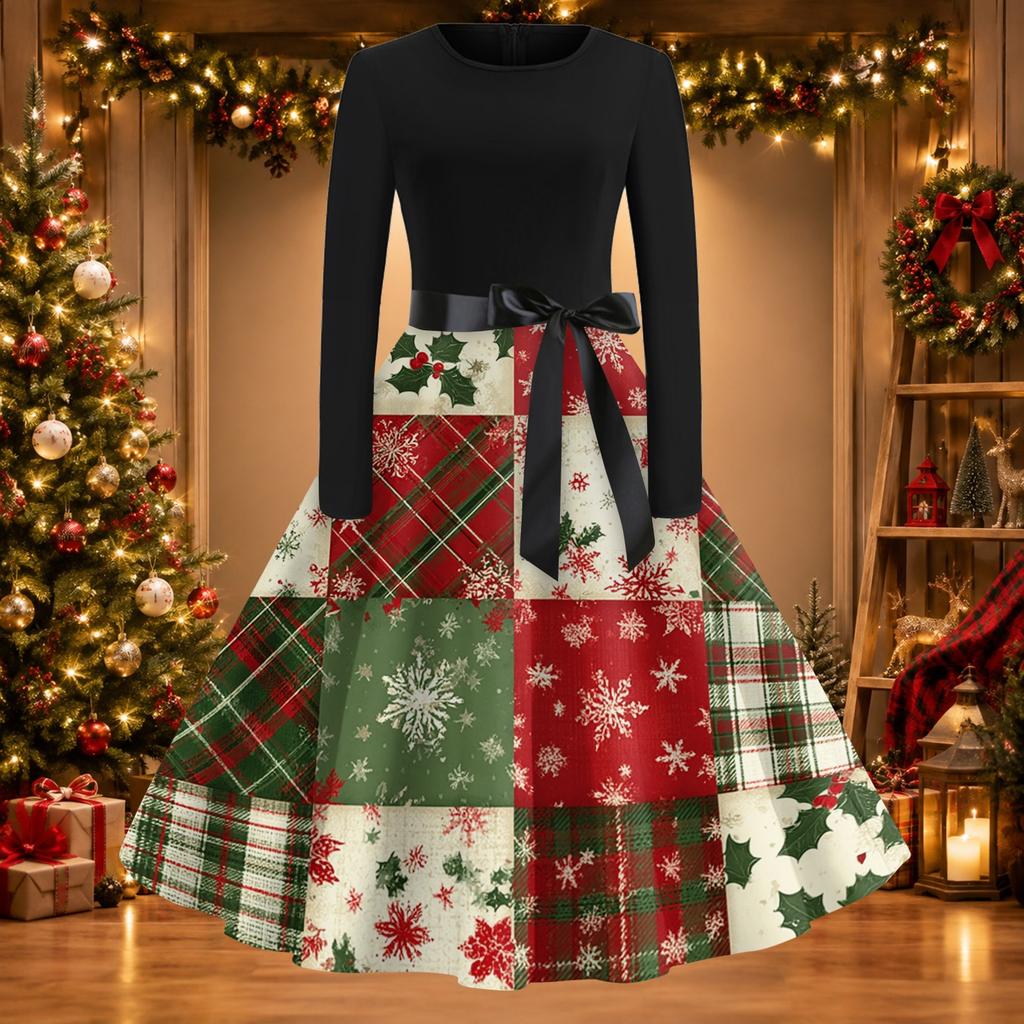Women's Casual Vintage Christmas Print Neck Dress