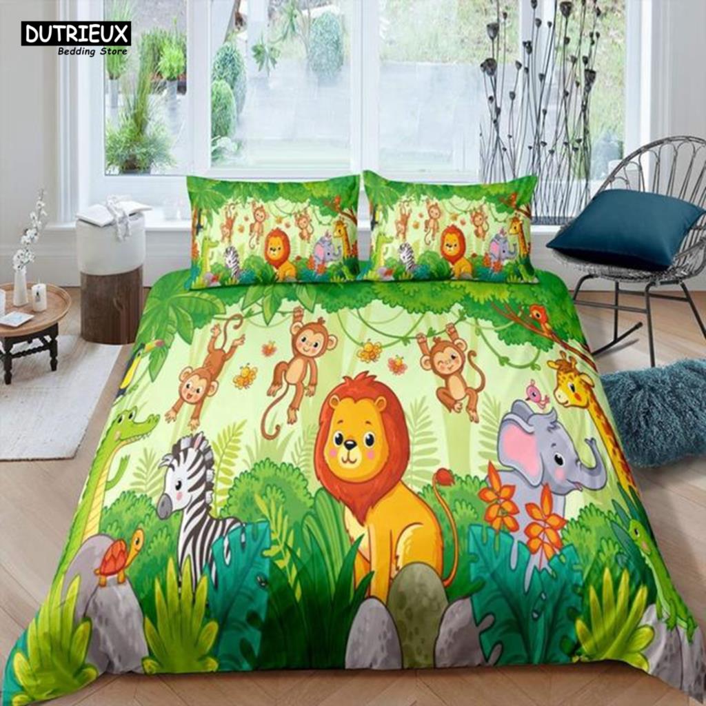 Elephant Comforter Cover Cute Cartoon Animal Paradise Bedding Set Boys Girls Kids 3D Animal World Queen Polyester Duvet Cover