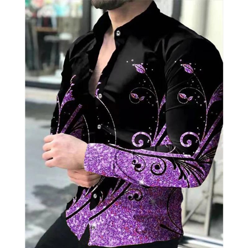 New business casual men's line 3D printed shirt formal spring and summer lapel long-sleeved XS-5XL stretch fabric shirt 2024