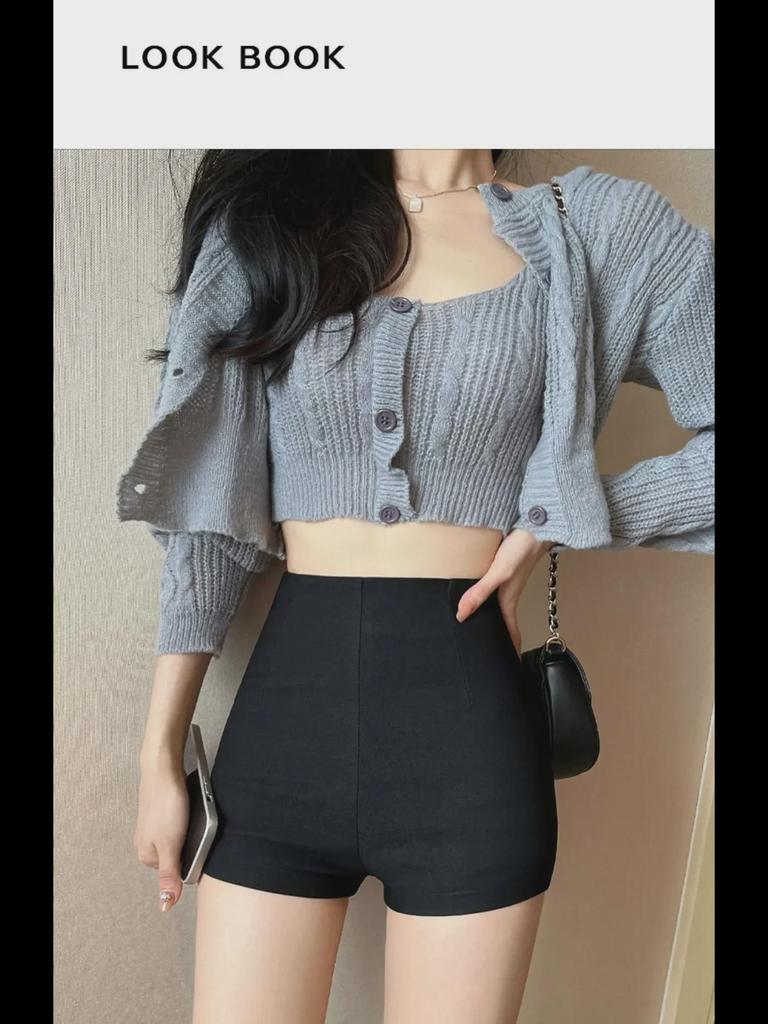 Schwarze elastische Shorts mit hoher Taille für Damen - Herbsttrend 2023, sexy lässige einfarbige Hüfthose