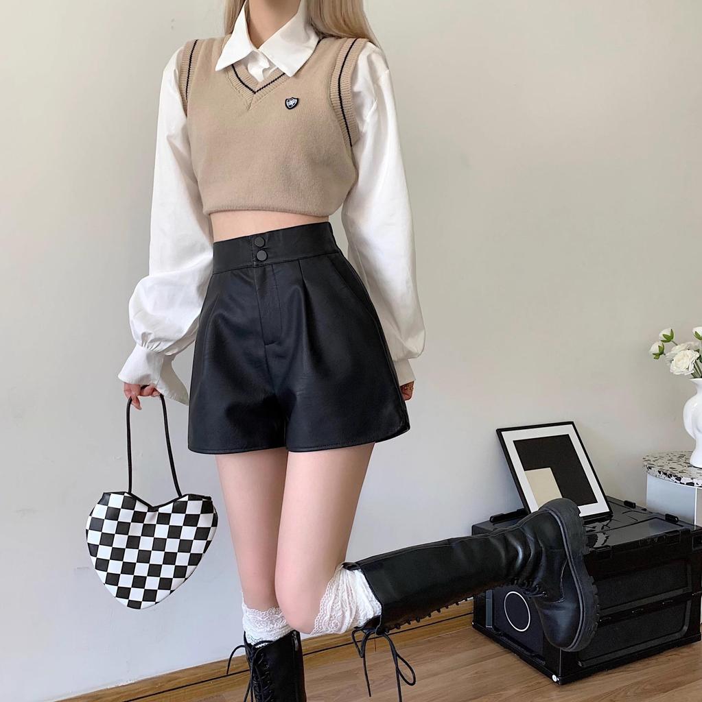 Autumn Brown High-Waist Slimming Leather Shorts for Women