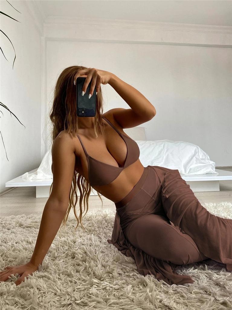 European and American Women Sexy Bikini Set 3 Pieces Swimwear Set Padded Top Thong Bottom Ruffled Mesh Long Pants Swimsuit Solid Bathing Suit