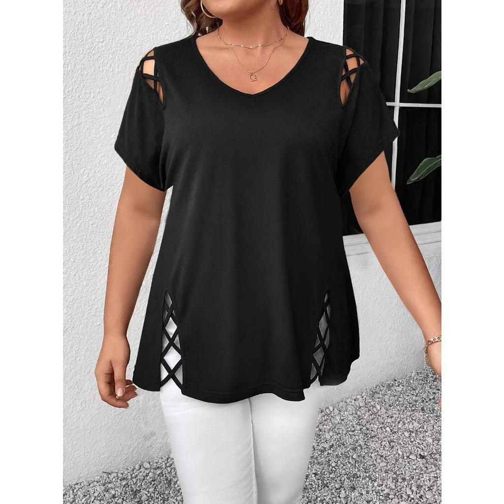 Gładki kolor, krótki rękaw, detal z krzyżującymi się paskami, modny, elegancki, damski top/koszulka plus size
