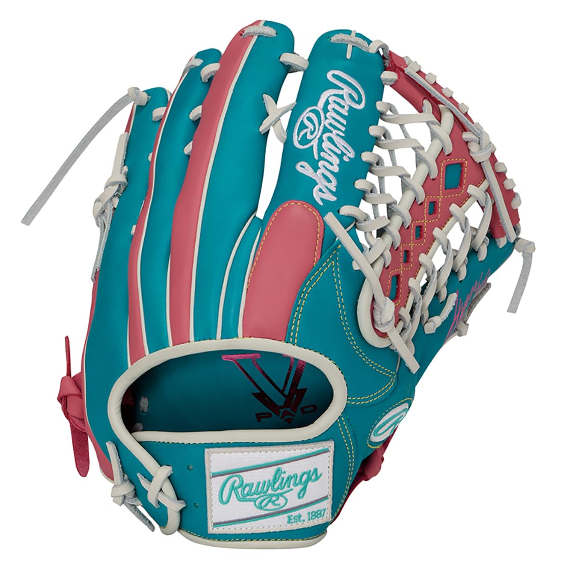 

Мягкая бейсбольная перчатка Rawlings HYPER TECH COLOR SYNC для питчеров и аутфилдеров, GR6HTCY719, Бирюзовый/Розовый, 12,75 дюйма, Для правшей