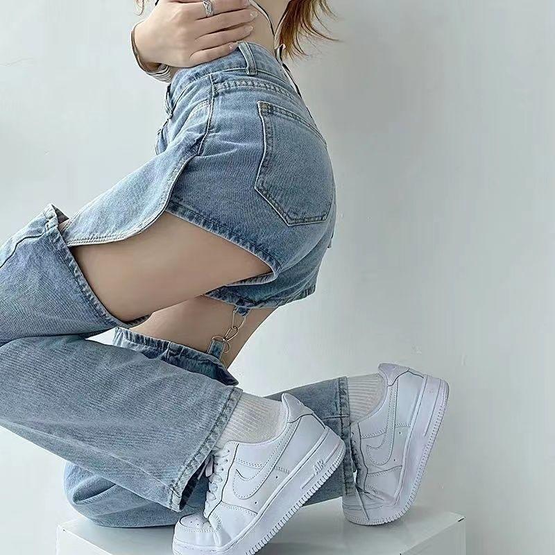 High Waist Ripped Denim Jeans for Women Summer Thin Removable Two Piece Design Straight Leg Trendy Pants