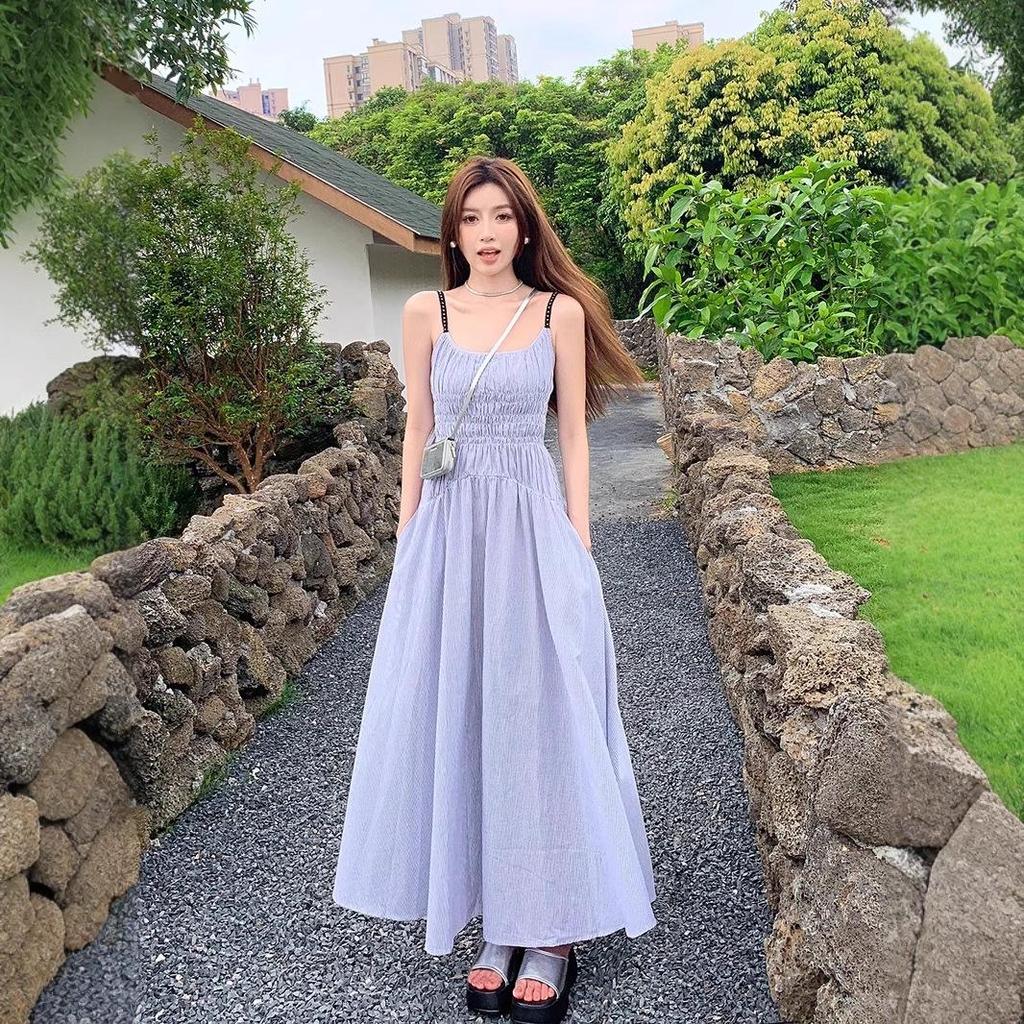 Women's Blue Suspender Dress - Summer 2025 French Seaside Holiday Waist-Cinching Long Dress