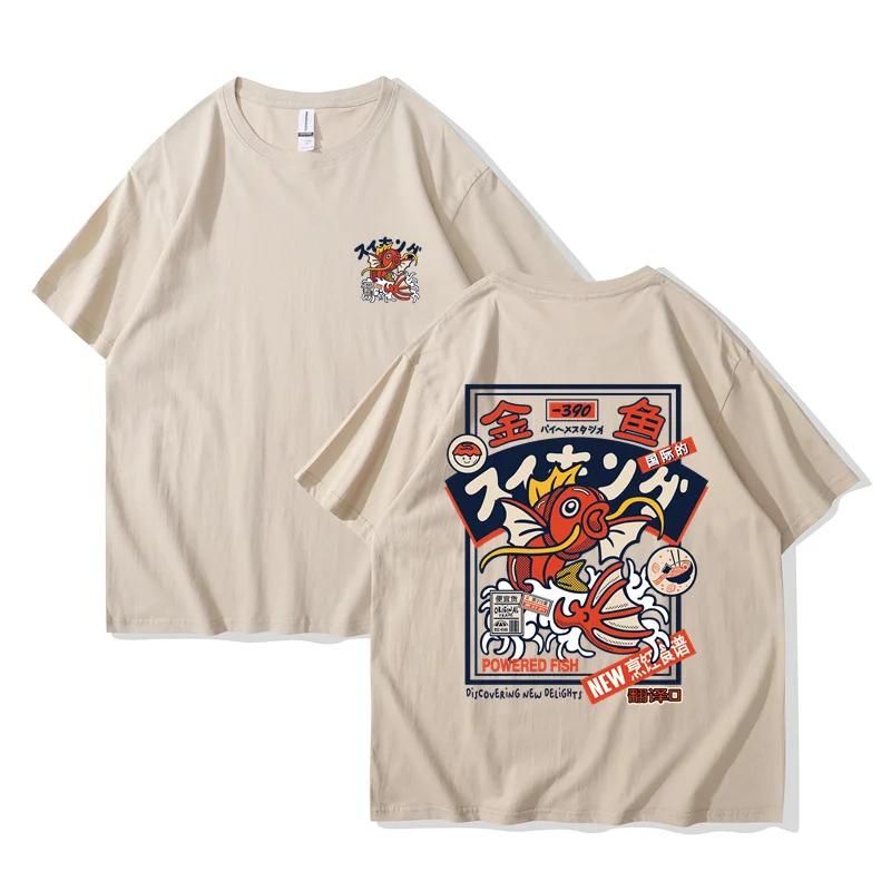 Unisex Red Koi Print Short Sleeved Round Neck Tshirt Japanese Style Harajuku Hip-hop Streetwear Shirt Summer Women Shirt