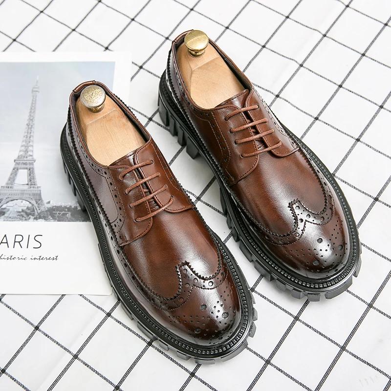 Fashion Spring Men Formal Business Thick Soled Lace-up Oxford Shoes Luxury Men's Dress Shoes Male Casual Leather Wedding Party Loafers