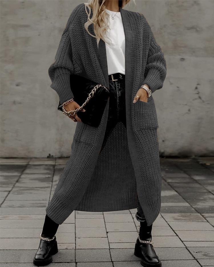 Women Knitted Cardigan Loose Fit Large Pockets European American Style Autumn Winter Fashion Cross Border Trade