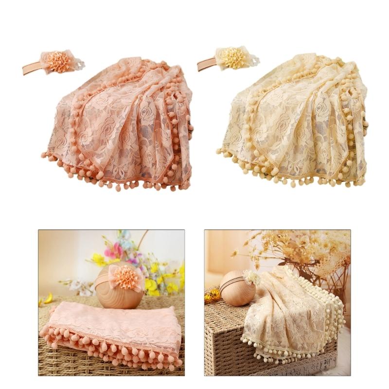 Wrap Blanket for Baby Photography Props Tassel Blanket Rose Flower Headband Newborn Photo Posing Props Photo Accessories