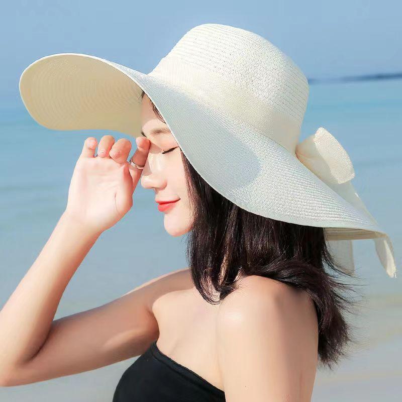 Hat Women's Spring and Summer New Large Brim Straw Hat Summer UV Protection Sun Protection Hat Foldable Bow Sun Hat