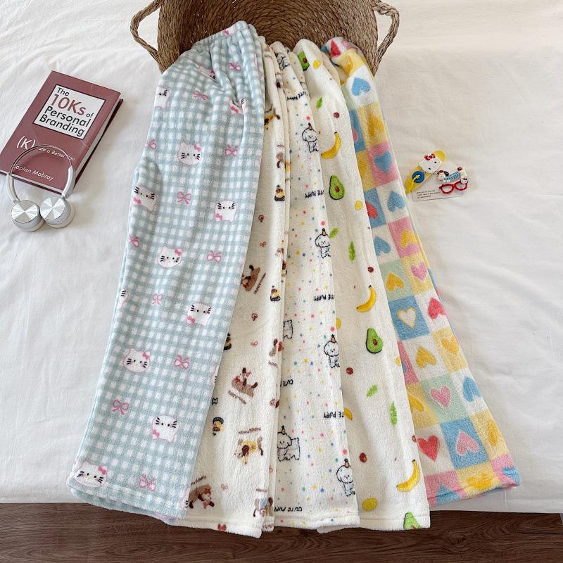 Hello Kitty Coral Fleece-Lined Flannel Pajama Pants for Women - Warm Autumn/Winter Style