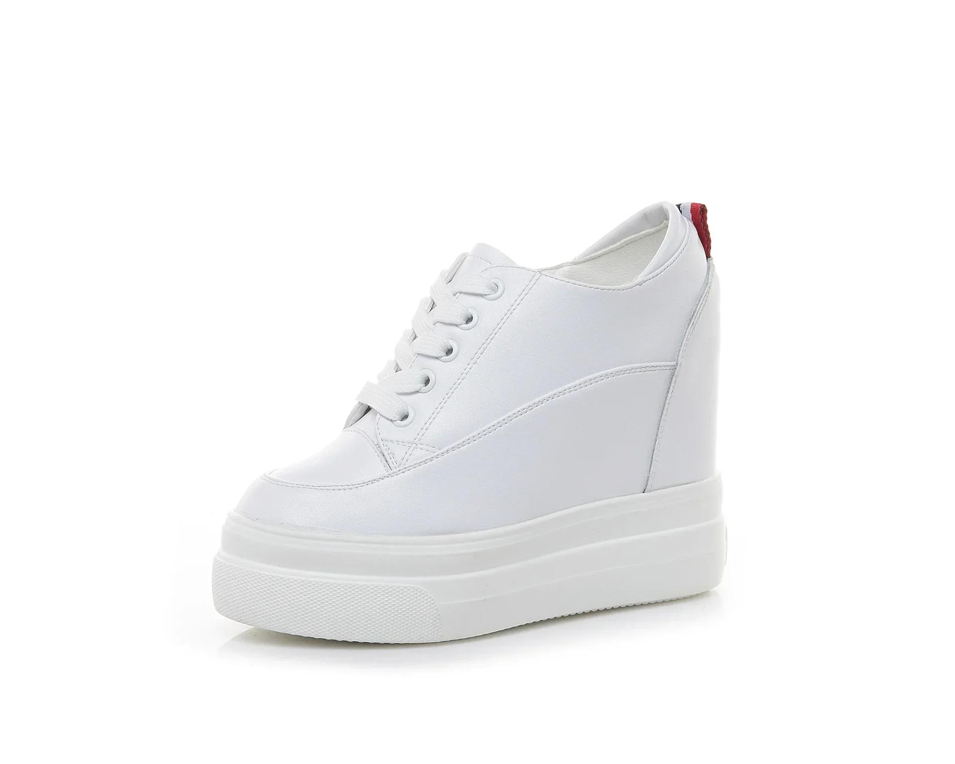 

Женские белые туфли из натуральной кожи на платформе, кроссовки 11 см, весна-осень, модные женские черные туфли с увеличенным размером, повседневные туфли для женщин 34