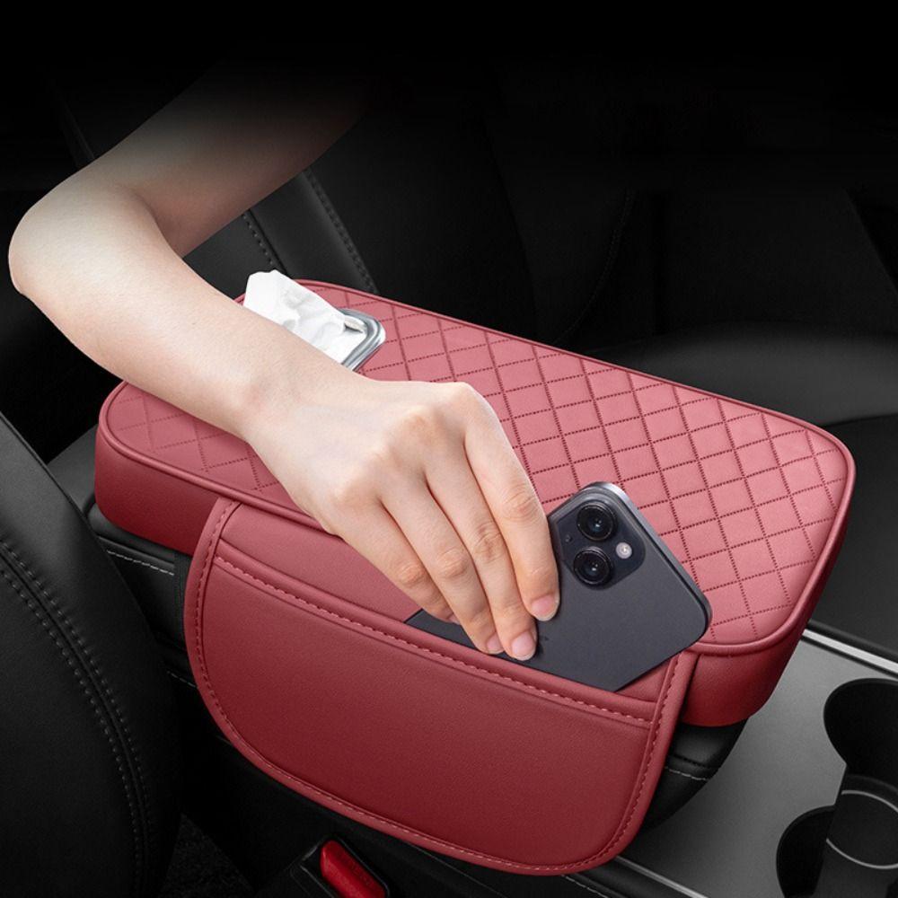 

Dust-proof Car Armrest Cover Height Pad 2 Pockets Armrest Box Storage Bag Elbow Support Plaid-Black