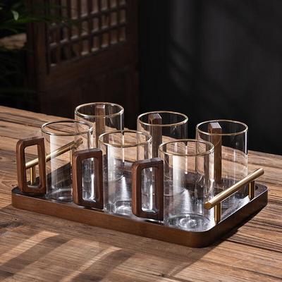 Handun Borosilicate Glass Cups Set with Walnut Wood Handles and Tray