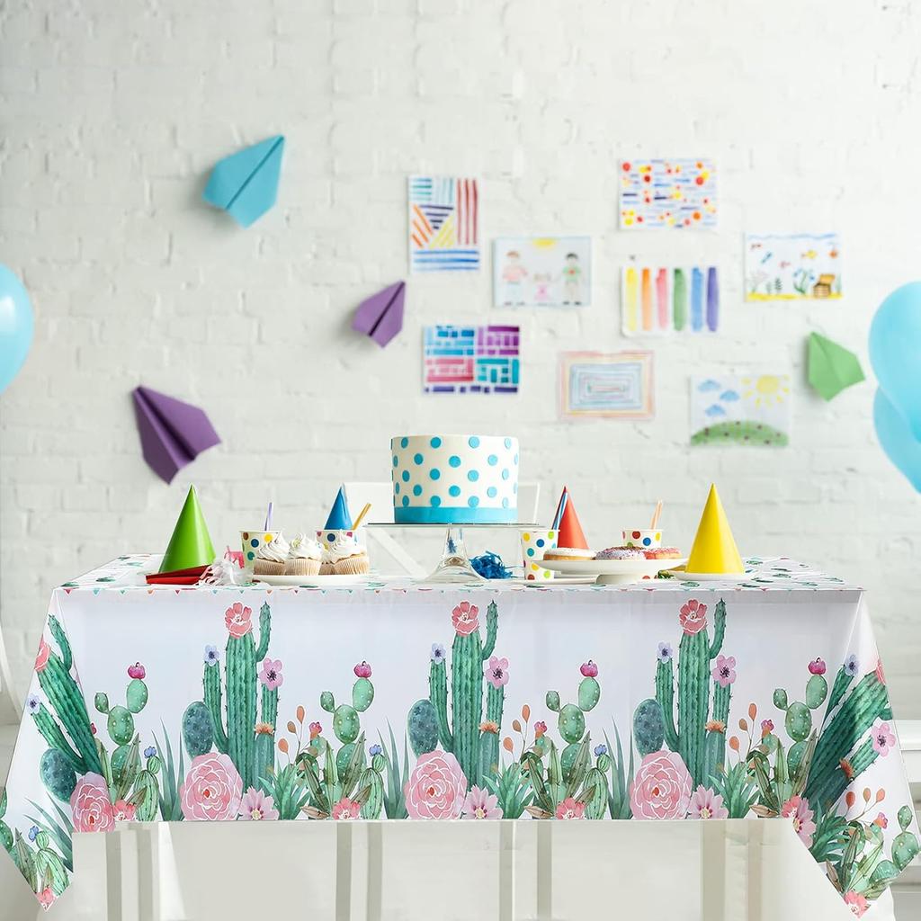 Breling 3 Pieces Watercolor Cactus Tablecloth Plastic Waterproof Table Cover for Birthday Party Decorations Kitchen Dining Room Party Supply, 108 x