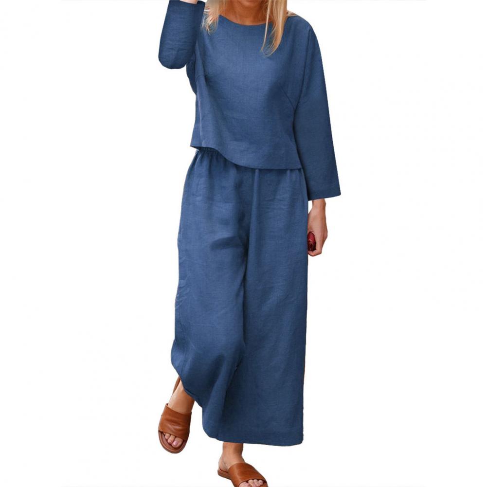 Spring Top Pants Suit Elegant Women's Top Pants Set with Long Sleeves Round Neck T-shirt Elastic Waist Trousers Stylish for Fall