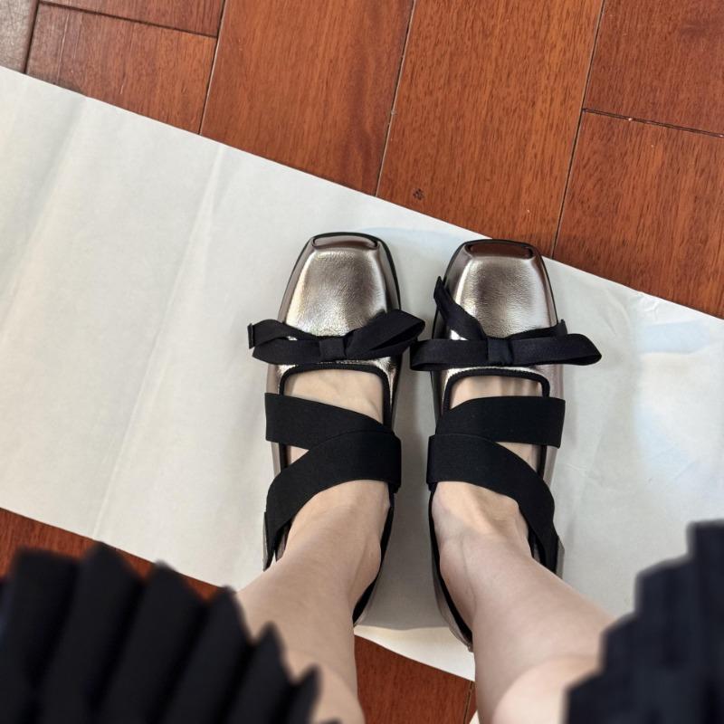 Cowhide Version~ Leather Silver Platform Mary Jane Single Shoes Women's Bow Ballet Shoes Small Leather Shoes Ladyshoes