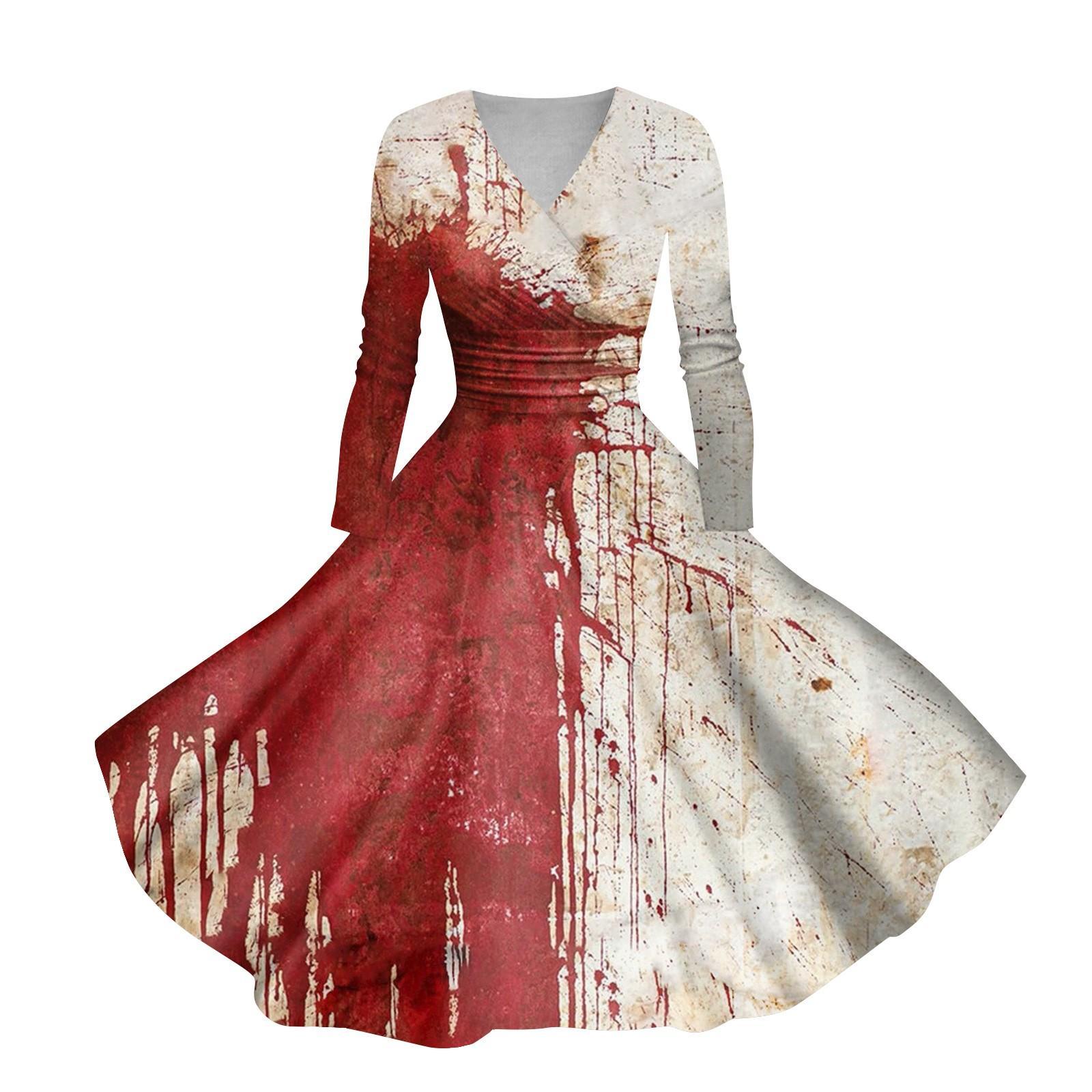 Women s Casual And Fashionable Halloween Printed Long Sleeved V-neck Sexy Dress XXXL