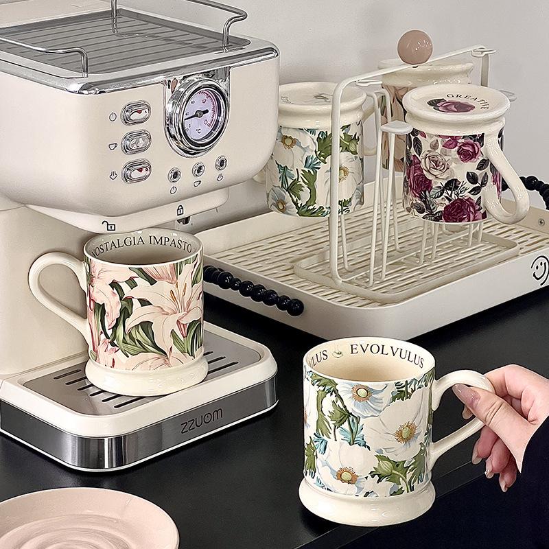 Retro Literární Francouzský Tištěný Hrnček Kreatívny Pastoračný Štýl Rastlinný Kvetinový Štýl Keramická Súprava Pohárov na Vodu