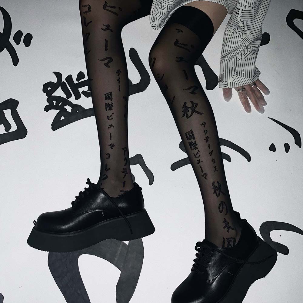 Thin Fashion Letter Print Black Gothic Women High Knee Socks Japanese Hosiery Silk Stockings Nylon