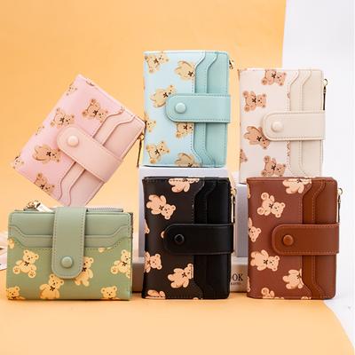 Women Short Wallets PU Leather Female Bifold Purses Cute Bear Card Holder Wallet for Girl Small Zipper Wallet with Coin Purse