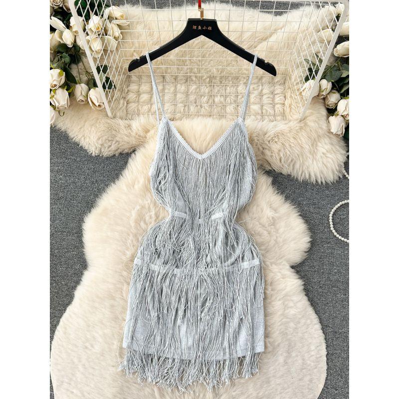 Sexy Open Back Furry Tassel Slim Looking Sling Dress