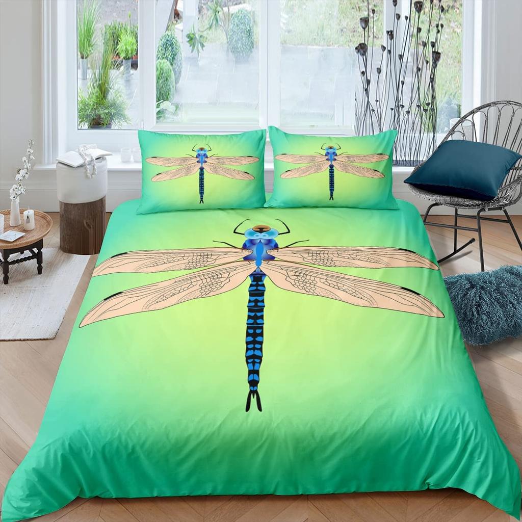 Dragonfly Duvet Cover Set King Queen Full Size Polyester Comforter Cover Watercolour Style For Kids Teens Adults With Pillowcase