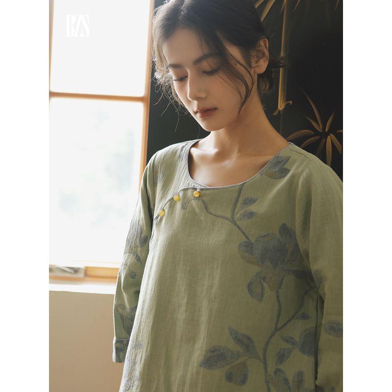Pure Cotton Double-Layer Gauze Pajamas Women's Chinese Ancient Style Print Long Sleeves round Neck Chinese Style Plus Size Loose Homewear Suit