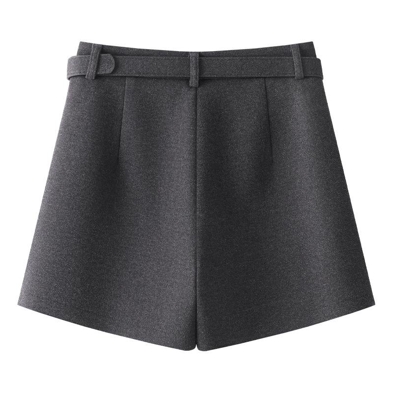 Women's Gray Woolen Straight-Leg Pants & A-Line Booty Shorts - Slimming, Autumn/Winter 2024 Collection