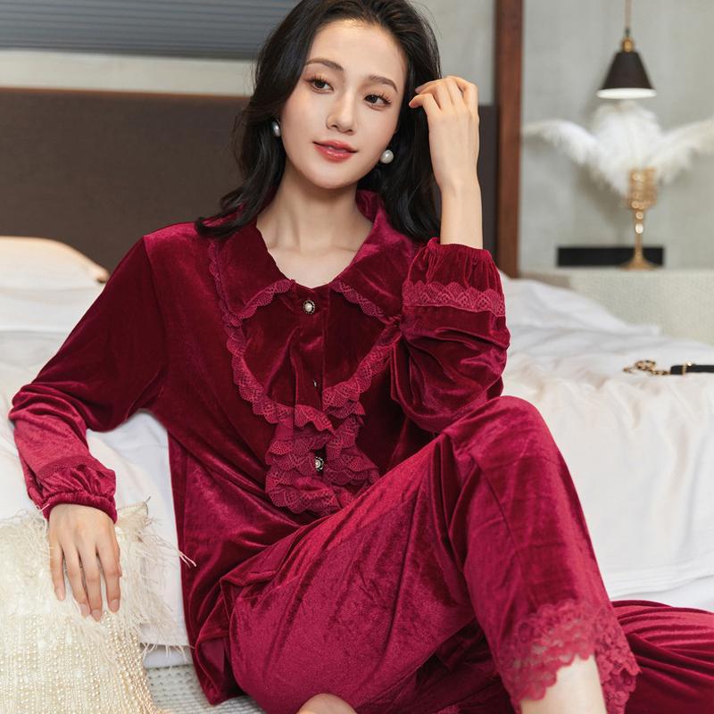 Autumn Velvet Sleepwear Sweet Casual Pajamas Set Long Sleeved Trousers Suit Nightwear Intimate Lingerie Velour Loose Loungewear
