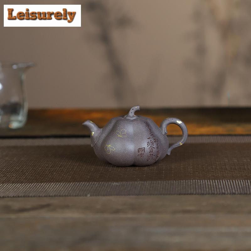 80ml Yixing Purple Clay Teapots Handmade Gold Tracing Pumpkin Pot Raw Ore Cyan Section Mud Kettle With Infuser Zisha Teaset Gift