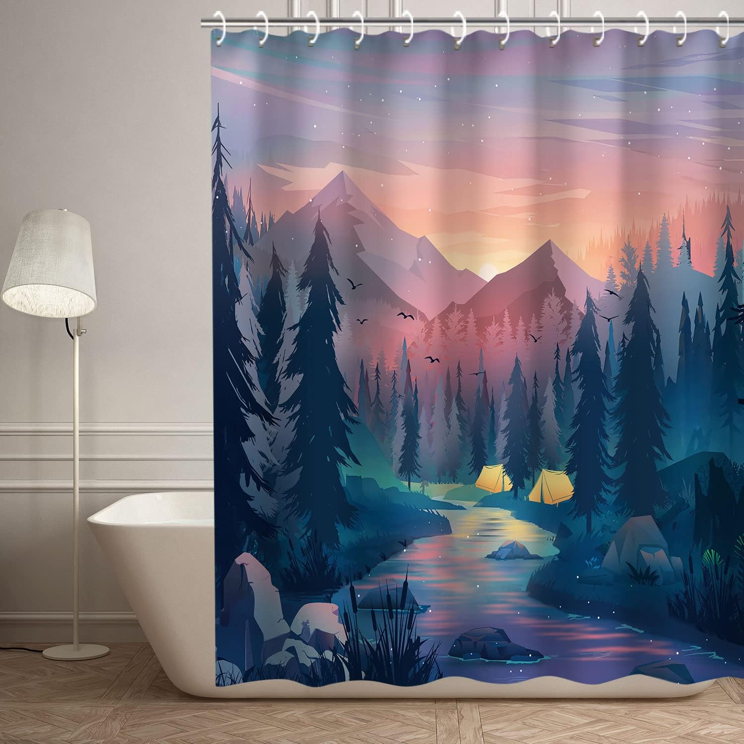 

RosieLily Trippy Mountain Forest Shower Curtain Set, Cool Tree Bathroom Decor, 72X72 inches 90x180cm