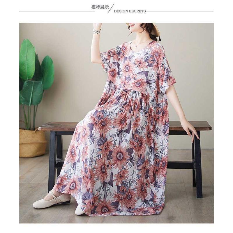 Einfache Mode Sommer Neu Vergrößerte Kurzarm Rundhals Bedruckte Kleider