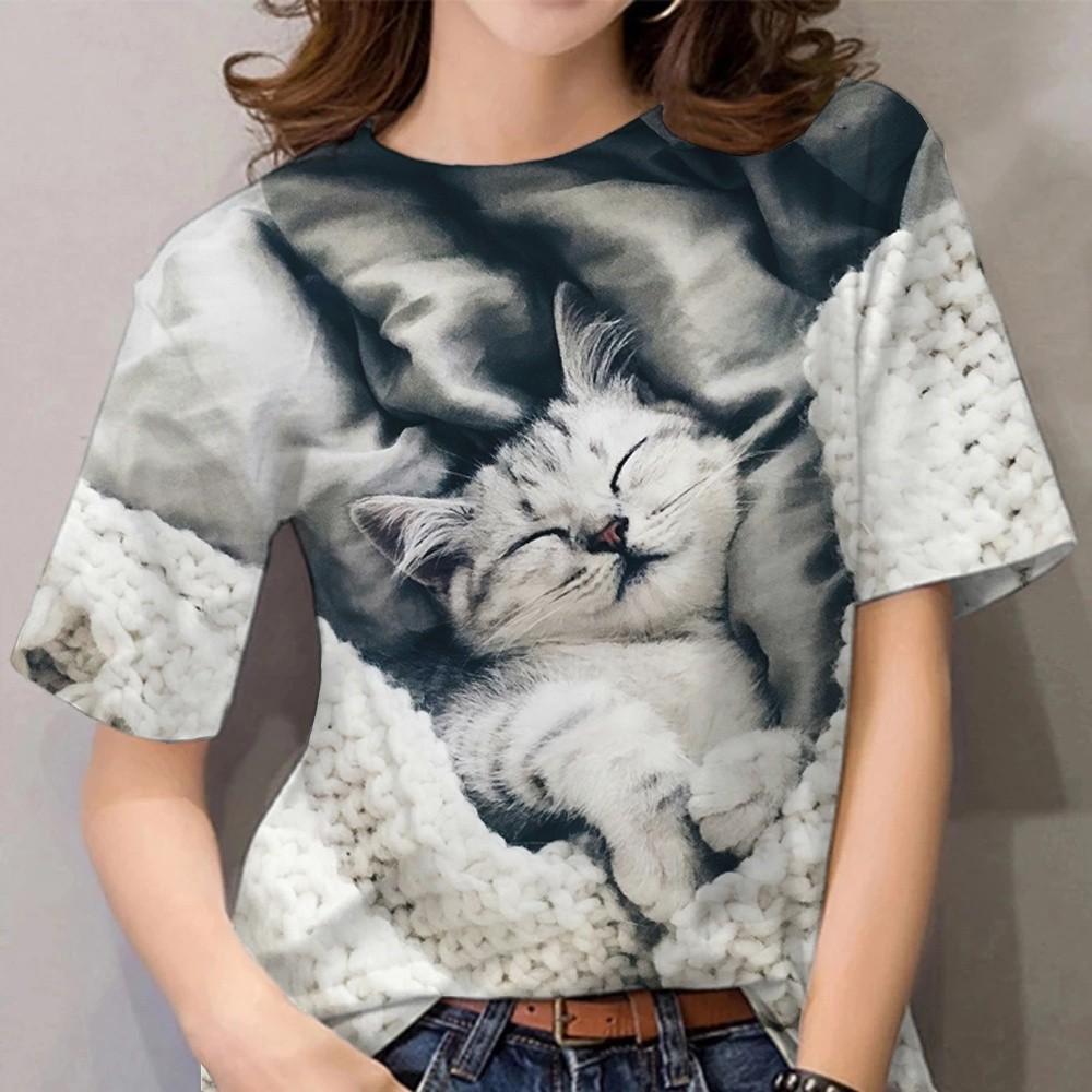 

Summer Women s T-shirt - Cute 3D Cat Printed Short Sleeve XS