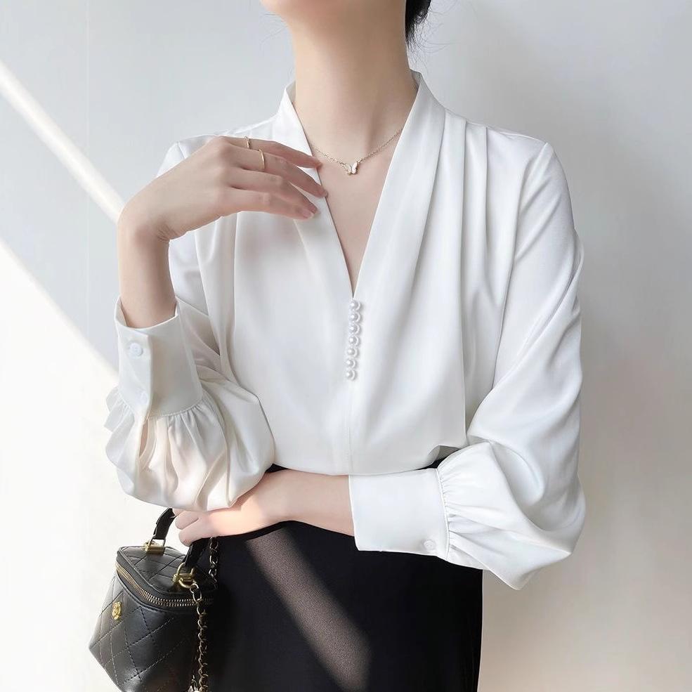 Spring/Summer V-neck Chiffon Shirt for Women OL Professional Long Sleeve Shirt for Women