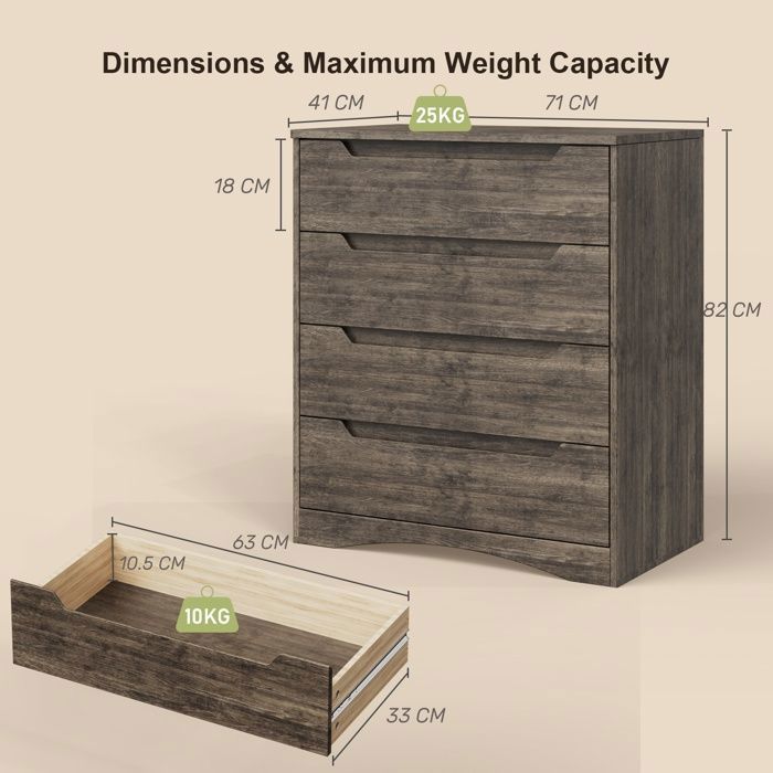 Commode - Bealife - 4 Tiroirs - Commode De Chambre - Marron Foncé - 71 X 41 X 82 Cm