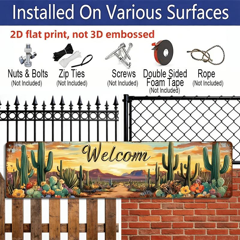 2D Flat 1pc Country Style Welcome Desert Cactus Metal Sign- Aluminum Decorative Sign, 3.93X15.74Inches, Farmhouse and Office Decor, No Electricity