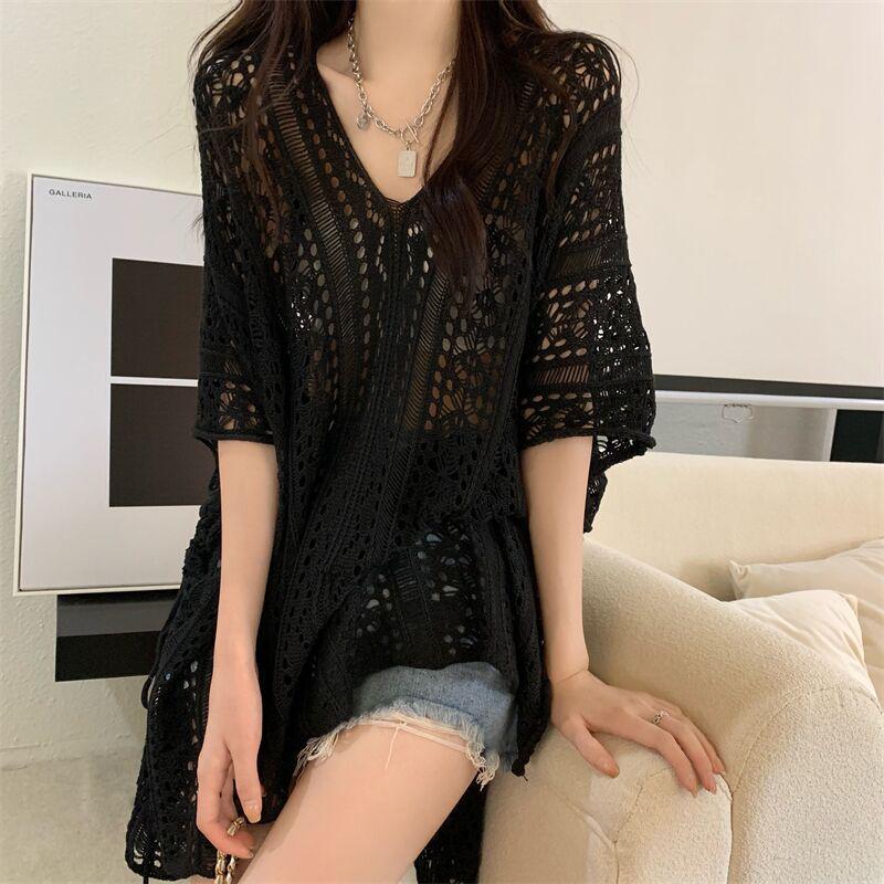 2026 Summer Women s Loose Knit Lace-Up Cover-Up Top One Size