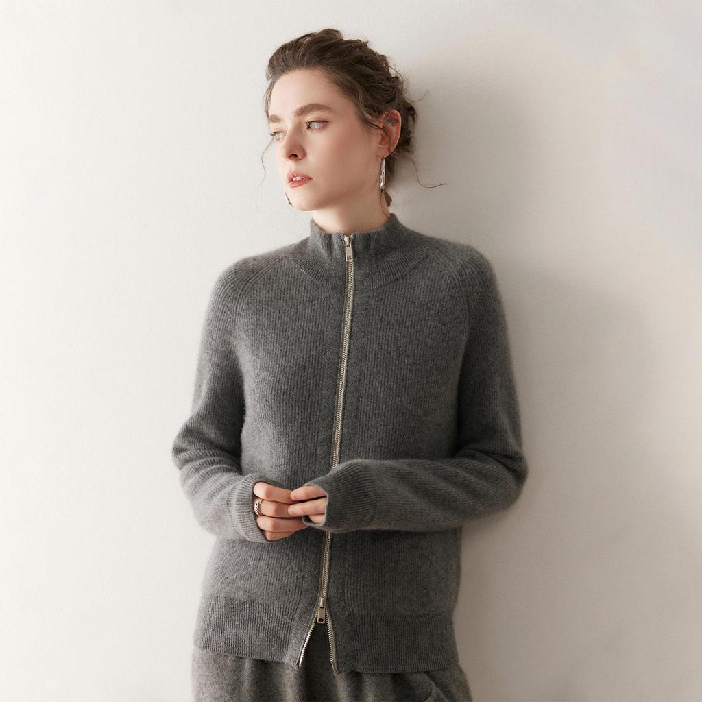 Women's Cashmere Zipper Cardigan - Slim Fit, Loose Raglan Sleeve, Stand Collar, Knit Wool Sweater for Autumn & Winter