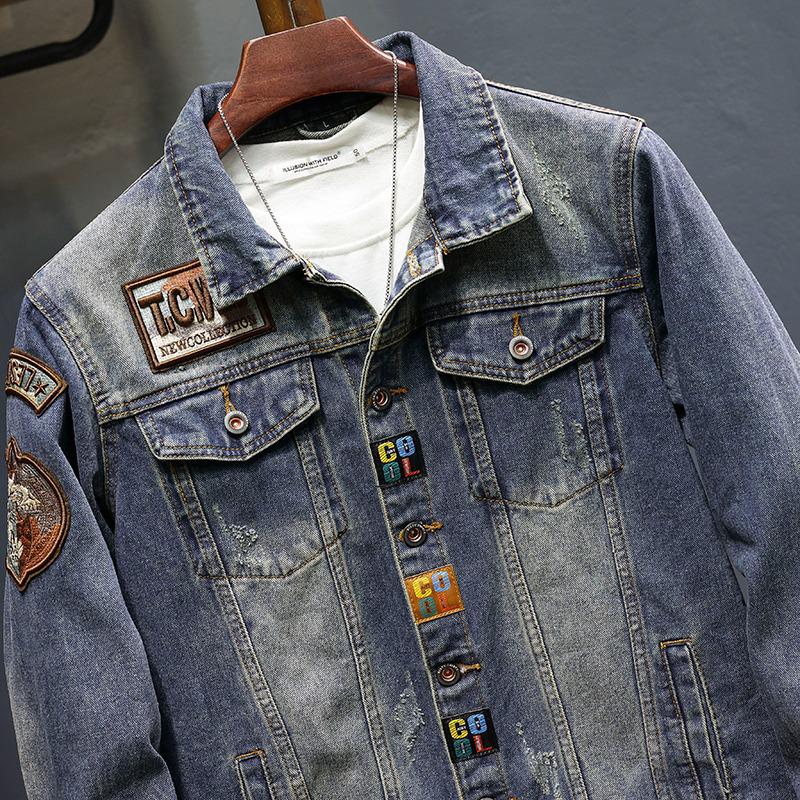 Giacca di jeans retrò: Abbigliamento da lavoro trendy da uomo, vestibilità ampia, per Primavera e Autunno