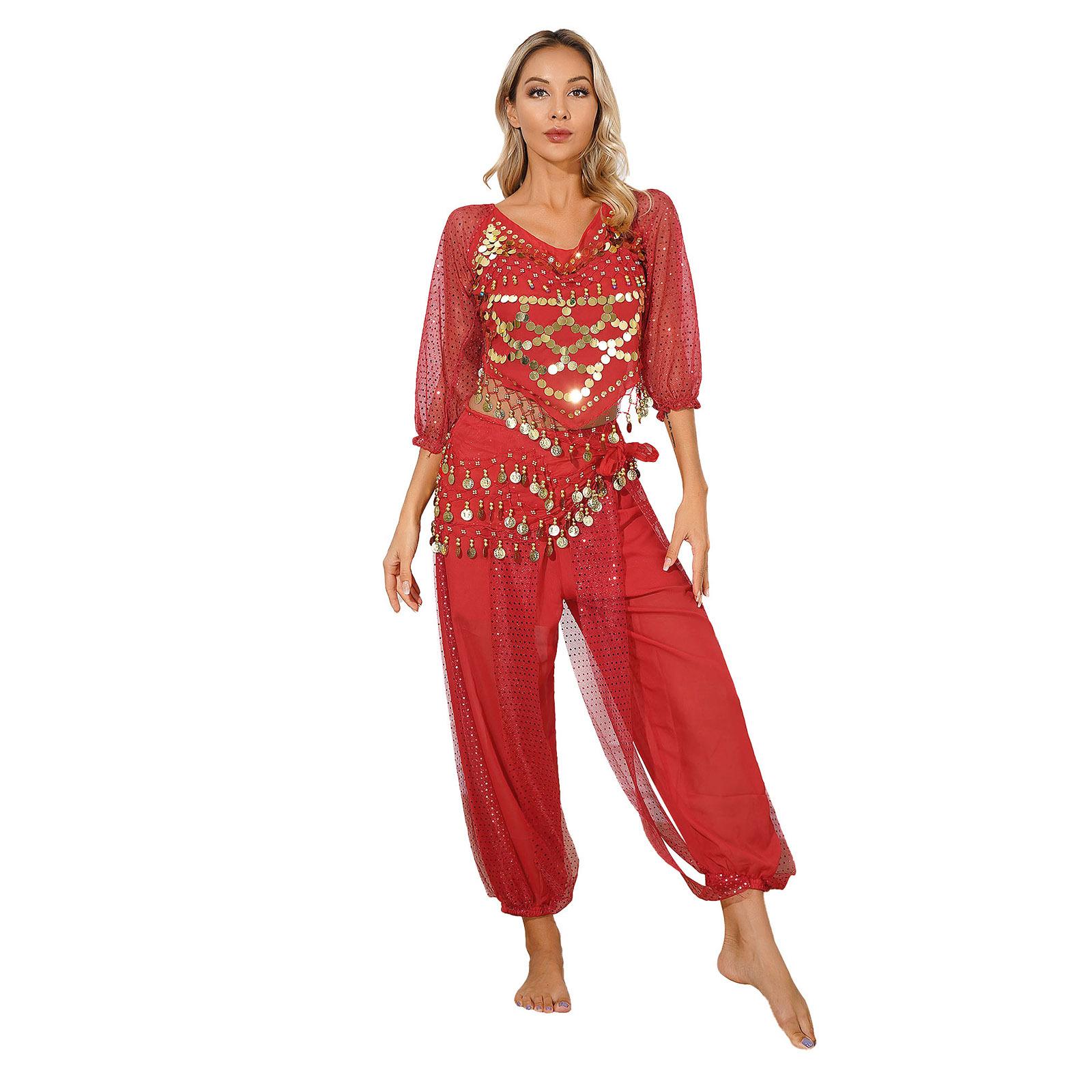 

Женский костюм для танца живота, комплект из трех частей, укороченный топ на шнуровке, шаровары с неровным подолом, шарф на бедра, карнавальный наряд для выступлений