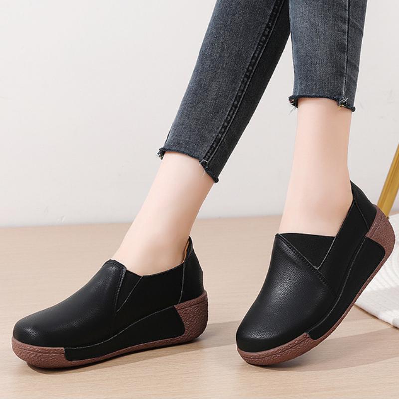 Waterproof Women's Casual Walking Shoes Wedge Heels Genuine Leather Platform Shoes Ladies Rocker Shoes