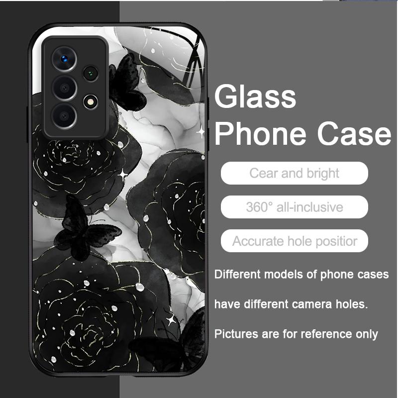 Luxury Black Rose Flower Graphic Tempered Glass Phone Case for Samsung Galaxy S25 Ultra S24 S23 Plus S22 S21 S20FE A56 A55 Cover