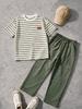 Boys 2 Piece Outfit Set, Striped Textured Short Sleeve T Shirt With Leather Label Decor and Cargo Wide Leg Pants