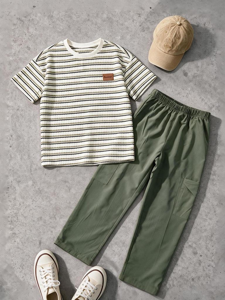 Boys 2 Piece Outfit Set, Striped Textured Short Sleeve T Shirt With Leather Label Decor and Cargo Wide Leg Pants