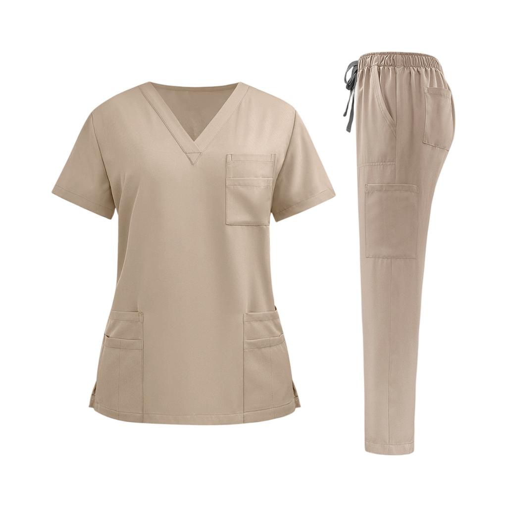 Damen Krankenpfleger Uniform Set Schnelltrocknendes Gewebe V-Ausschnitt Kurzarm Oberteil mit Taschen und Elastischem Bund Lange Hose Medizinische Arbeitskleidung Set