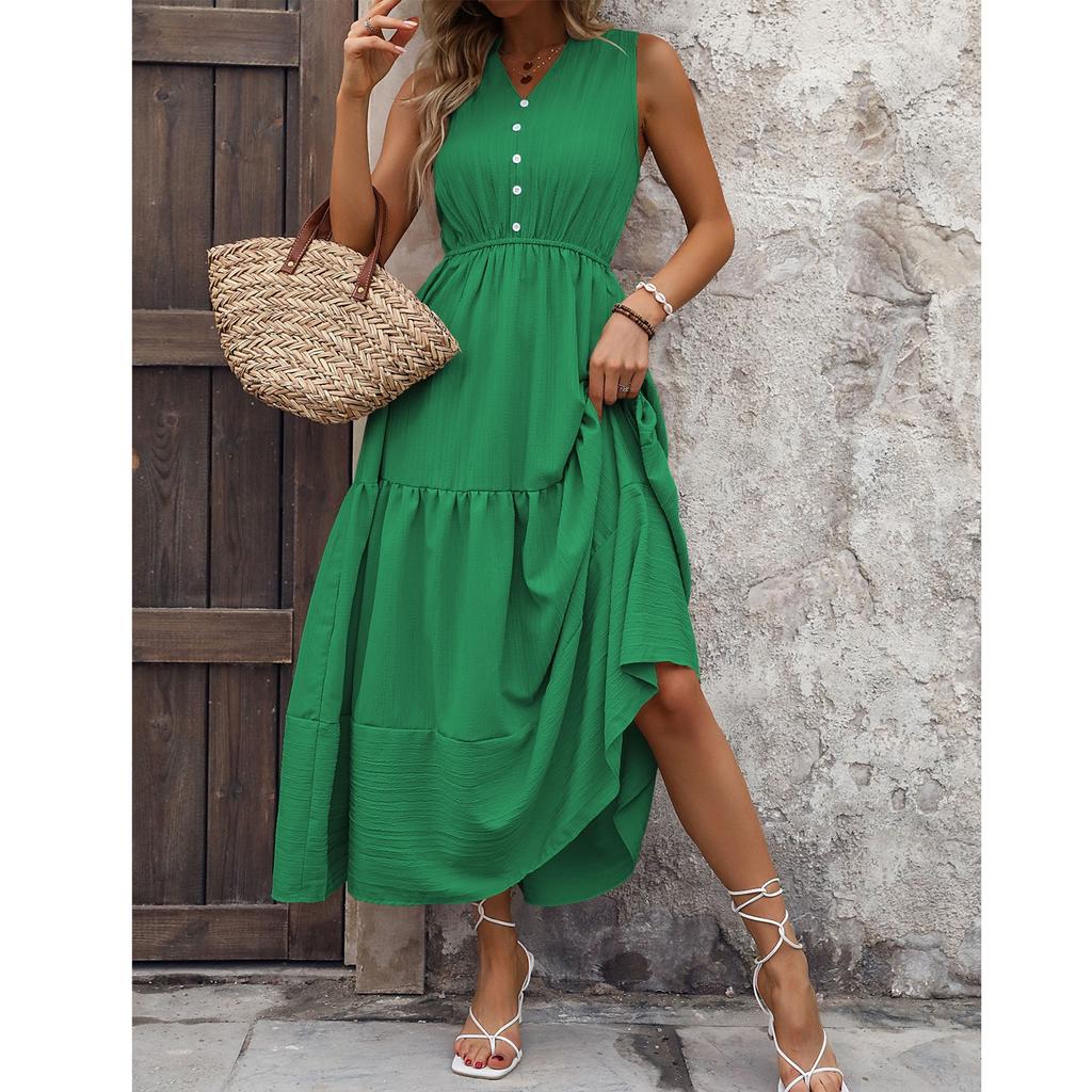 Women's Casual And Fashionable Color V-Neck Button Sleeveless Long Dress Long Dress