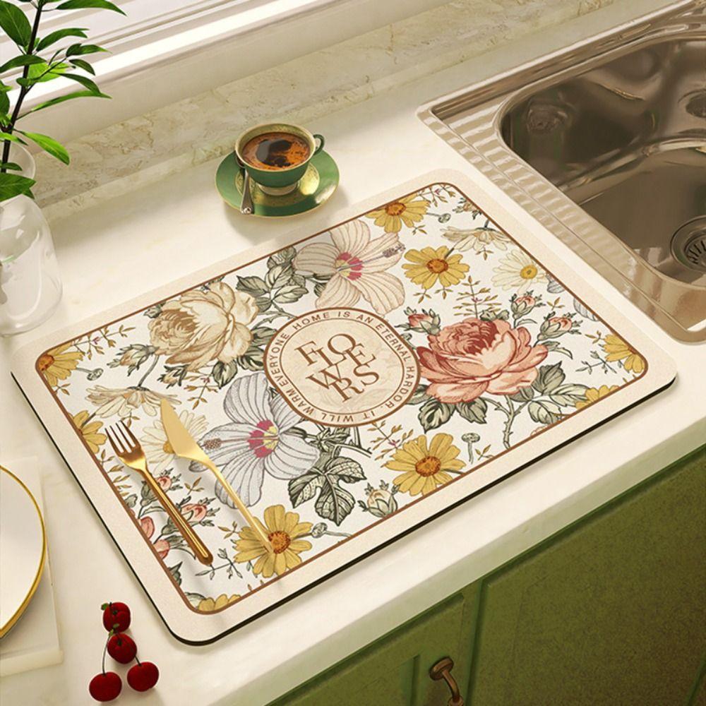 Flower Print Draining Mat Super Absorbent Drain Pad Table Mat Dish Drying Mat  Table Decor